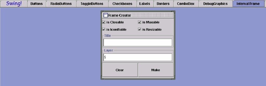 swing set tabbed pane with desktop and an internal pane in view